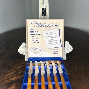 Vintage 1950s Dinkee Knife Set with Brown Handles in Original Packaging